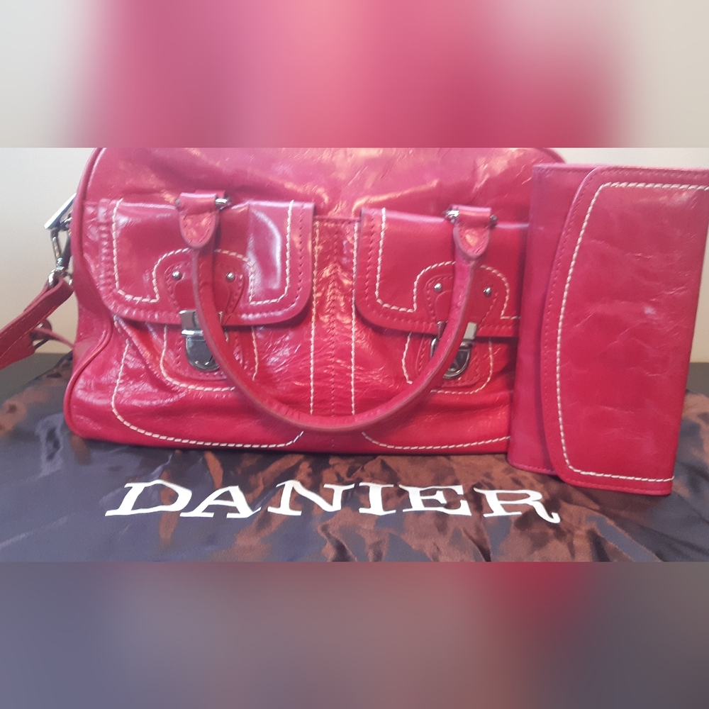 Danier Fushia Genuine Leather Women's Hand Bag Sachel Style and Matching Wallet